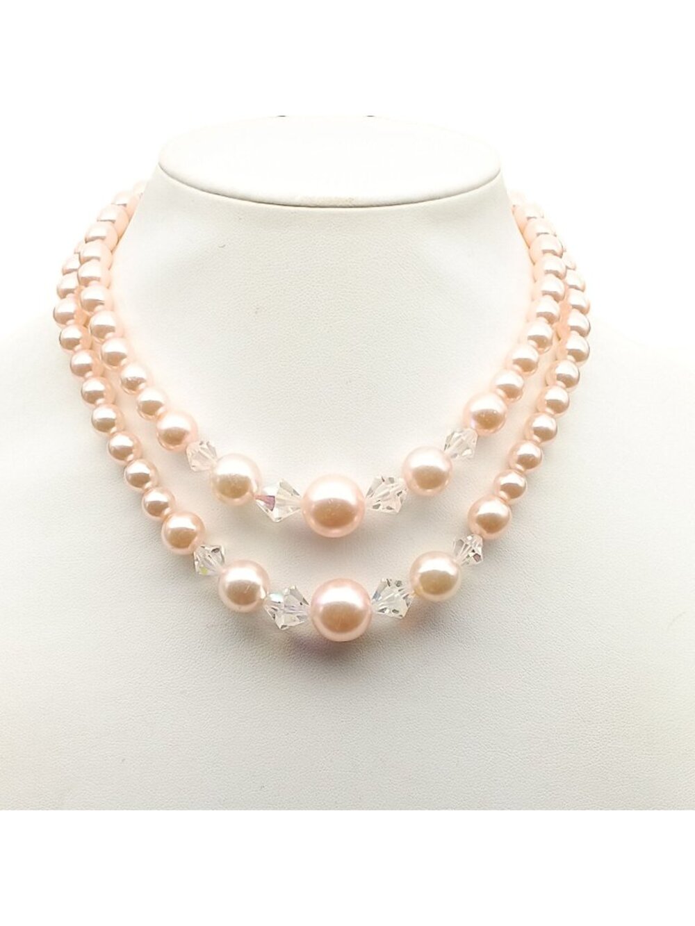 Vintage Double-Strand Blush Faux Pearl Necklace with Crystal Accents Light Pink